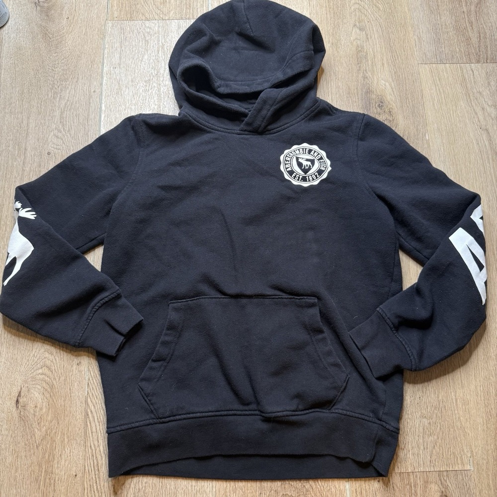 Abercrombie Kids Boys 13 / 14 Black Pullover Moose Logo Lightweight Hoodie Sweat